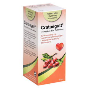 Packung Crataegutt, ein pflanzliches Arzneimittel zur Unterstützung des Herzens, mit Abbildung von roten Beeren.
