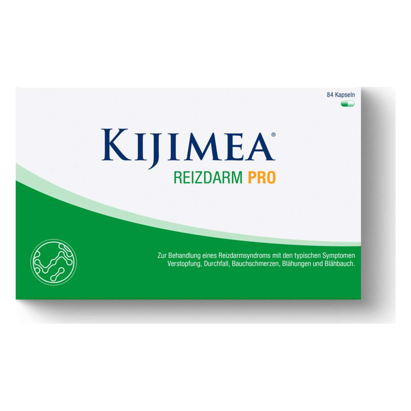 Verpackung von Kijimea Reizdarm Pro zur Behandlung von Reizdarmsyndrom-Symptomen, 84 Kapseln.