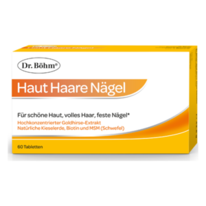 Verpackung von Dr. Böhm Haut Haare Nägel, orange und weiß, enthält 60 Tabletten, angereichert mit Biotin und Goldhirse-Extrakt.