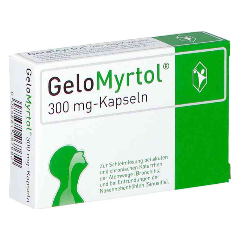 Schachtel mit GeloMyrtol 300 mg-Kapseln, beschrieben für die Behandlung von Atemwegserkrankungen und Entzündungen.