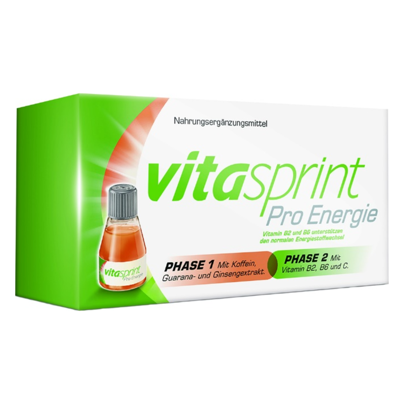 Verpackung von vitasprint Pro Energie, inklusive Phaseninformation und Hinweisen zu Inhaltsstoffen wie Koffein und Vitaminen.