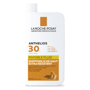 Sonnencreme von La Roche-Posay mit hohem Schutzfaktor 30 in einer weißen Flasche mit gelben und orangenen Akzenten.