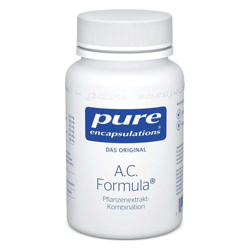 Weißer Flaschenkörper mit Schraubverschluss und blauen Etiketten, beschreibt A.C. Formula Pflanzenextrakt.