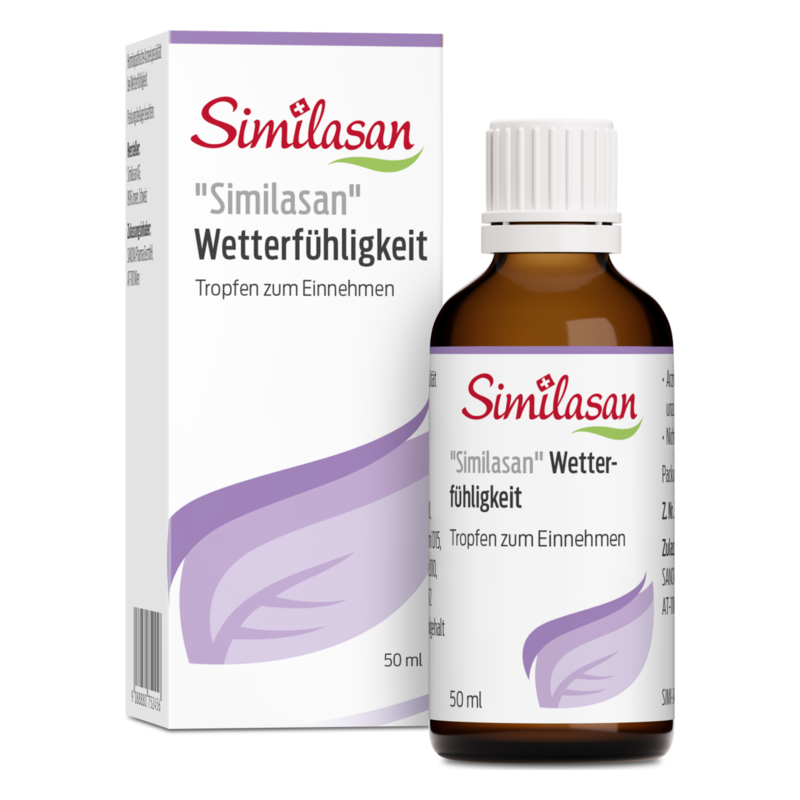 Braune Glasflasche mit Tropfen zum Einnehmen und Verpackung, die "Similasan" Wetterfühligkeit zeigt.