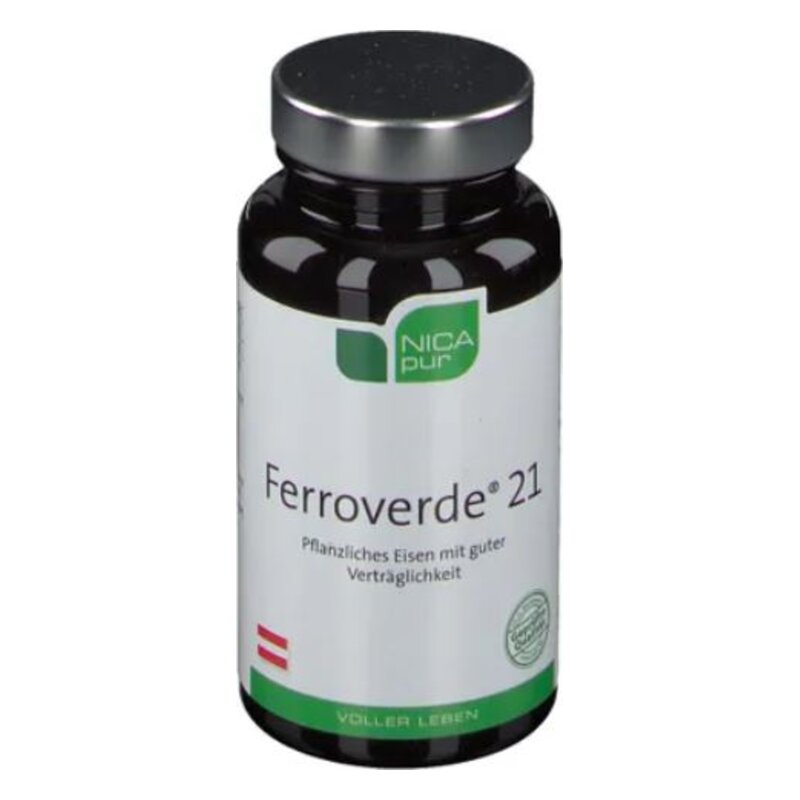 Schwarze Flasche mit silbernem Deckel, bezeichnet als Ferroverde 21, pflanzliches Eisen mit guter Verträglichkeit.