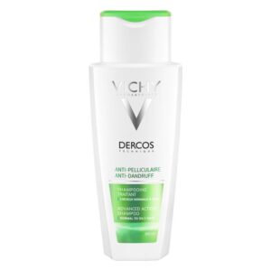 Flasche mit Vichy Dercos Anti-Schuppen Shampoo, weiß mit grüner Kappe, 200 ml, für normale bis fettige Haare.