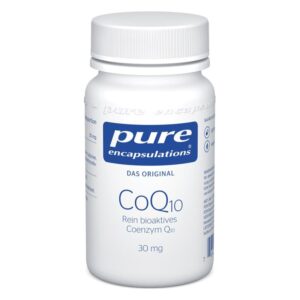 Weißes Fläschchen mit blauem Etikett, das Coenzym Q10 mit 30 mg Inhalt zeigt.