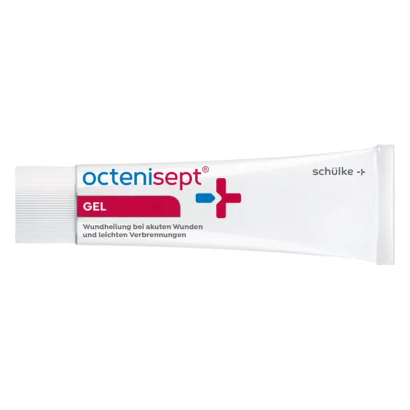 Tube mit octenisept Gel zur Wundheilung bei akuten Wunden und leichten Verbrennungen, mit silberner Kappe.