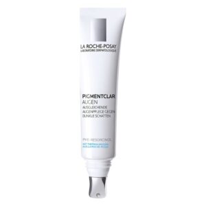 Hautpflegecreme in weißer Tube mit silberner Applikatorspitze, beschriftet für dunkle Augenringe.
