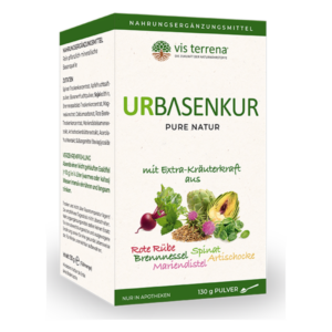 Verpackung des Nahrungsergänzungsmittels "URBASENKUR" mit Kräutermischung aus Rote Beete, Brennnessel und Spinat.