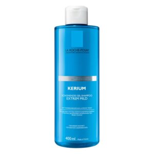 Blauer Shampoo-Flasche von La Roche-Posay, mit hellgrauem Etikett und weißem Deckel, 400 ml.