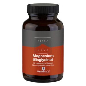 Braune Flasche mit schwarzem Deckel, enthält vegetarische Magnesium Bisglycinat Kapseln, 50 Stück.