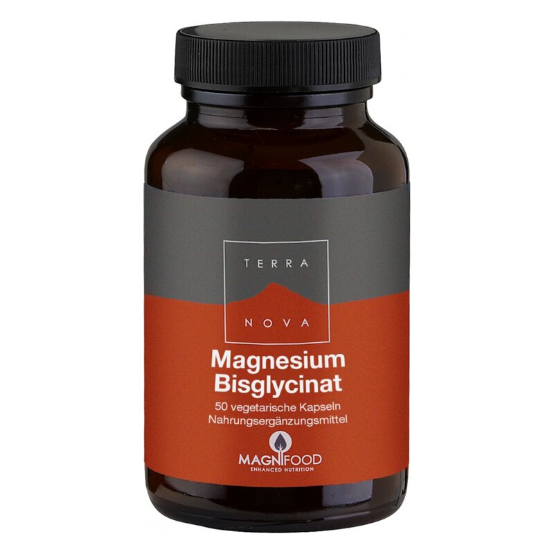 Braune Flasche mit schwarzem Deckel, enthält vegetarische Magnesium Bisglycinat Kapseln, 50 Stück.
