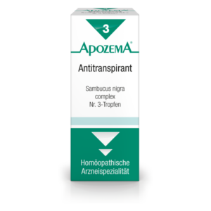 Verpackung des ApozeMA Antitranspirants in einem weißen Karton mit grünen und schwarzen Schriftzügen.