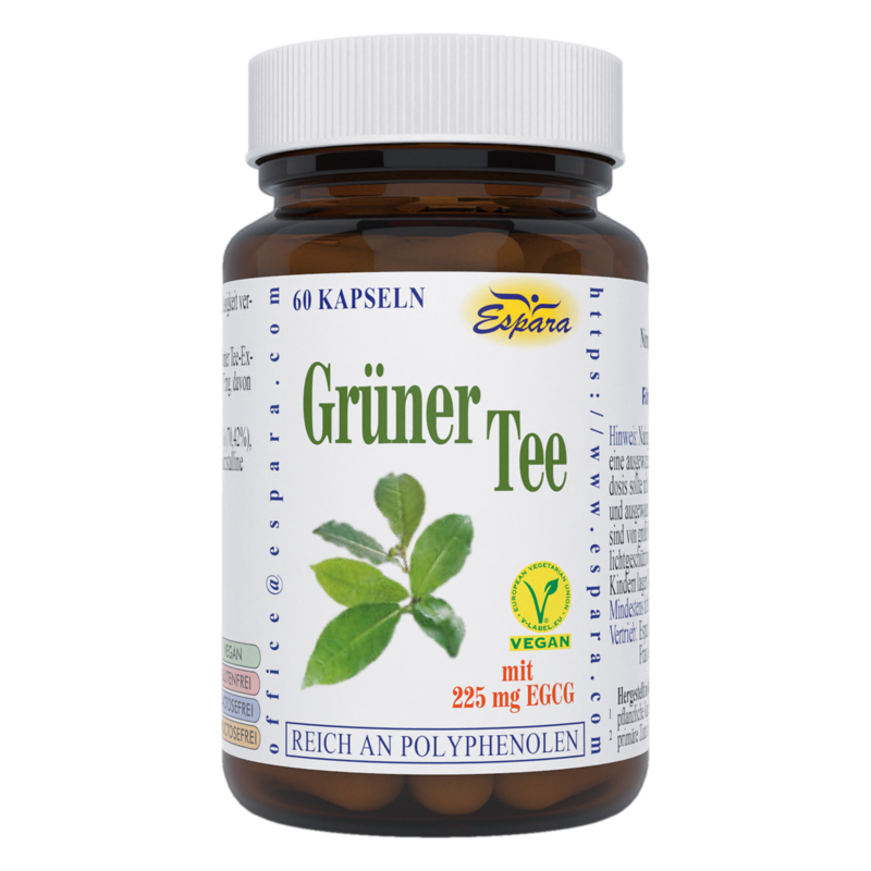 Braunes Glasgefäß mit grünem Tee in Kapseln, 60 Stück, vegan, mit 225 mg EGCG pro Kapsel.