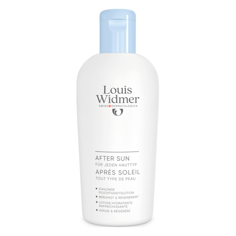 Weißer Flakon mit blauer Verschlusskappe für After-Sun Lotion von Louis Widmer, beschriftet mit Anwendungshinweisen.
