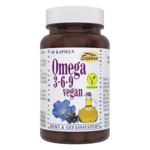 Braunes Glasgefäß mit 60 veganen Omega 3-6-9 Kapseln, etikettiert mit Pflanzenmotiv und goldenem Öl in der Nähe.