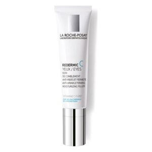 Hyaluron-Creme für die Augen von La Roche-Posay in einer eleganten, schlanken Tube mit silbernem Deckel.