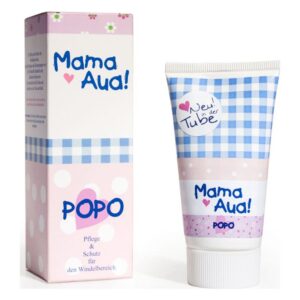 Verpackung einer Pflegecreme für den Windelbereich mit einem rosa- und blauen Design.