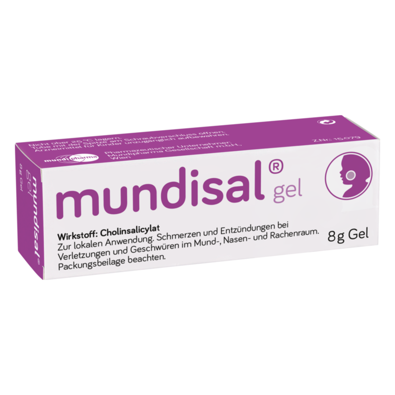 Verpackung von mundisal Gel mit lila Schrift, zur Behandlung von Mund- und Rachenraumentzündungen.