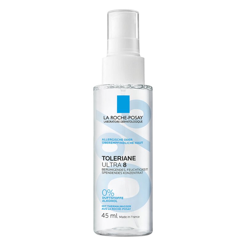 Transparente Flasche mit Pumpspender, enthält ein hautberuhigendes, feuchtigkeitsspendendes Konzentrat von La Roche-Posay.