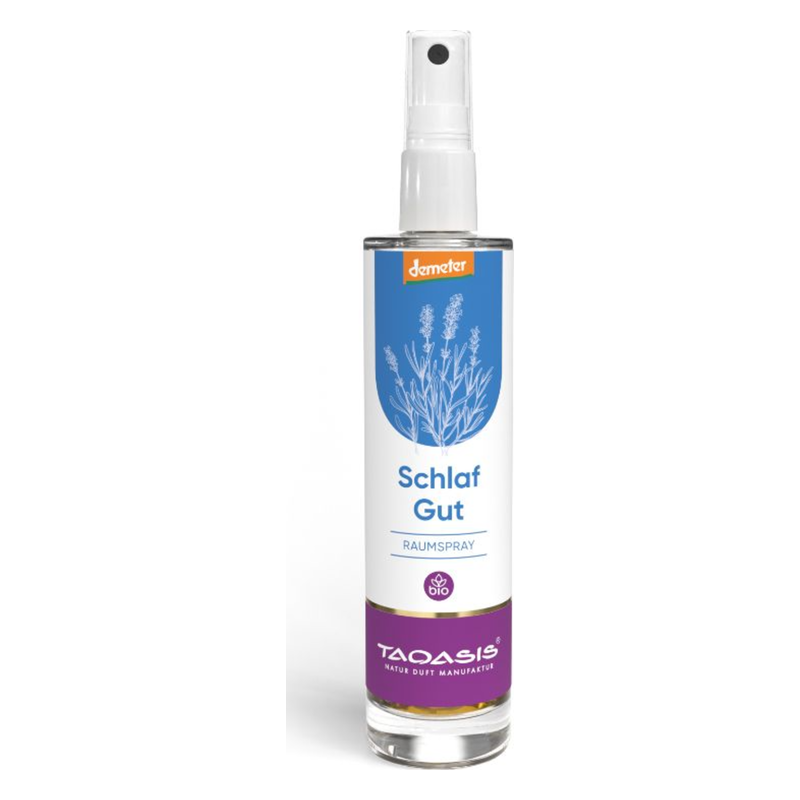 Transparenter Flacon mit Sprayverschluss, etikettiert als "Schlaf Gut Raumspray" mit Lavendelillustration.