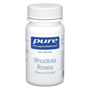 Weißes Supplement-Behältnis mit blauem Etikett, enthält Rhodiola Rosea Pflanzen-Extrakt, deckel geschlossen.