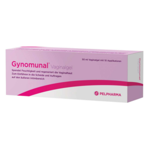 Packung von Gynomunal Vaginalgel, enthält 50 ml mit 10 Applikatoren, für die Anwendung im Intimbereich.