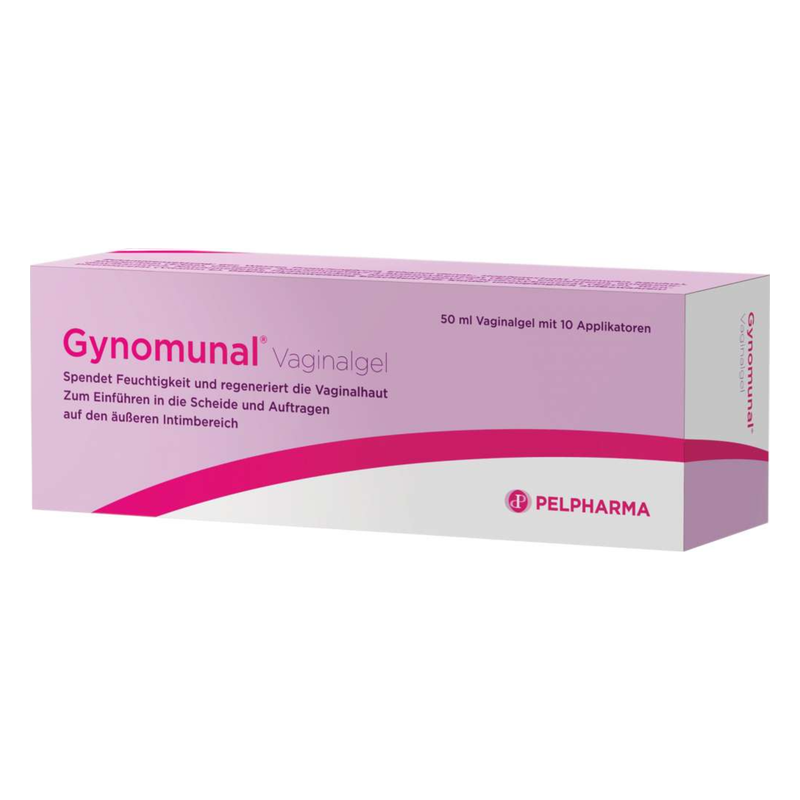 Packung von Gynomunal Vaginalgel, enthält 50 ml mit 10 Applikatoren, für die Anwendung im Intimbereich.
