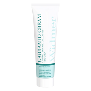 Tube mit Carbamidcreme, 12% Urea, zur Behandlung von trockener und rissiger Haut, helles Design mit türkisen Akzenten.