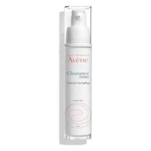 Flasche mit glättender Nachtpflege für Frauen von Avène, mit Pumpmechanismus und klarer, eleganter Verpackung.