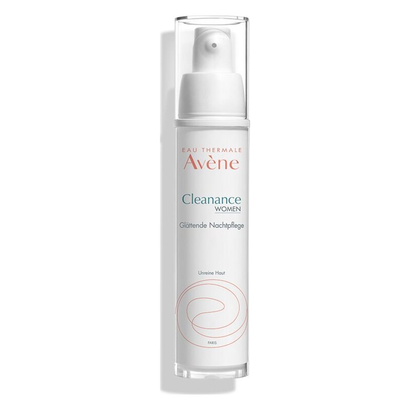 Flasche mit glättender Nachtpflege für Frauen von Avène, mit Pumpmechanismus und klarer, eleganter Verpackung.