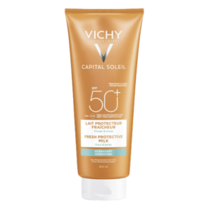 Sonnenschutzmilch von Vichy in einer orangefarbenen Tube mit Schutzfaktor 50 und feuchtigkeitsspendenden Eigenschaften.