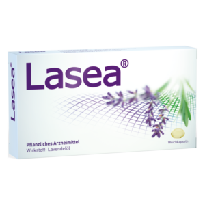 Verpackung von Lasea, einem pflanzlichen Arzneimittel mit Lavendelöl. Weichkapseln in der Box.