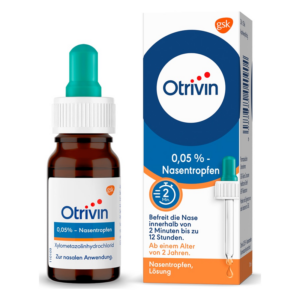 Otrivin Nasentropfen 0,05 % in brauner Flasche mit Pipette und Verpackung, die Anwendungshinweise enthält.