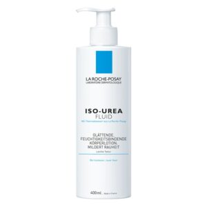 Flasche mit Pumpverschluss von La Roche-Posay, enthält ISO-UREA Fluid, eine feuchtigkeitsspendende Körperlotion.
