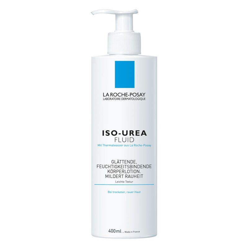 Flasche mit Pumpverschluss von La Roche-Posay, enthält ISO-UREA Fluid, eine feuchtigkeitsspendende Körperlotion.