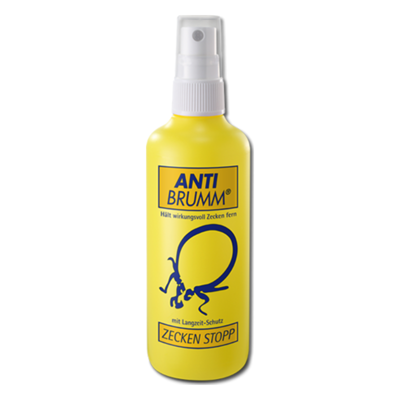 Gelbe Flasche mit Sprühverschluss von Anti Brumm, gegen Zecken mit Langzeitschutz.