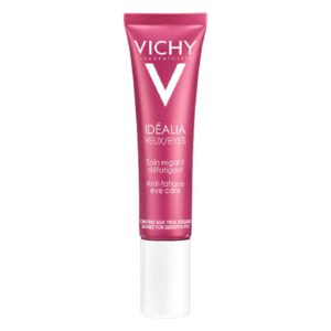 Rosa Augencreme in einer schlanken Tube mit weißem Verschluss, wird zur Minderung von Augenringen empfohlen.