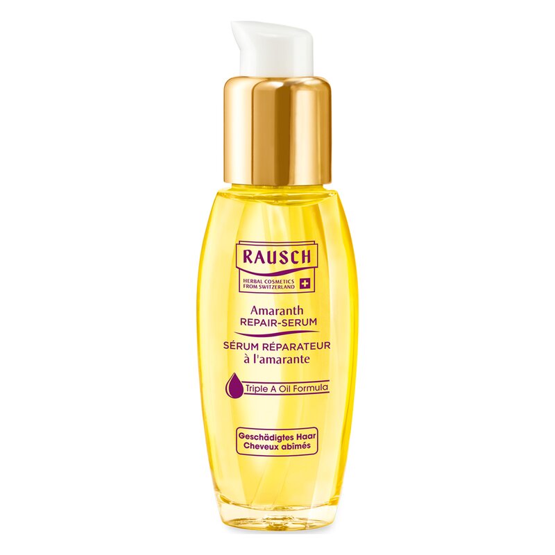 Flasche mit Amaranth Repair-Serum für geschädigtes Haar, transparentes Design mit gelbem Inhalt und Pumpe.