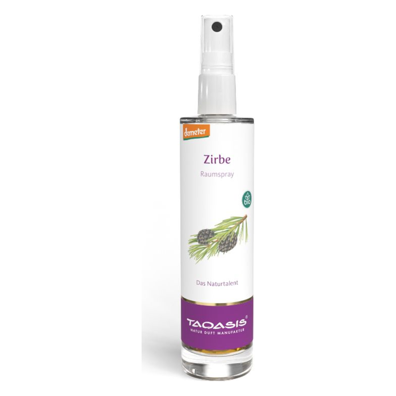 Zirben-Raumspray in transparentem Flakon mit Sprühkopf, beschriftet mit 'Zirbe', 'Raumspray' und Bio-Symbol.