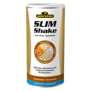 Dose mit Slim Shake in Schokoladengeschmack, enthält Sojoproteine, Vitamine und Mineralstoffe, verpackt in einem runden Behälter.