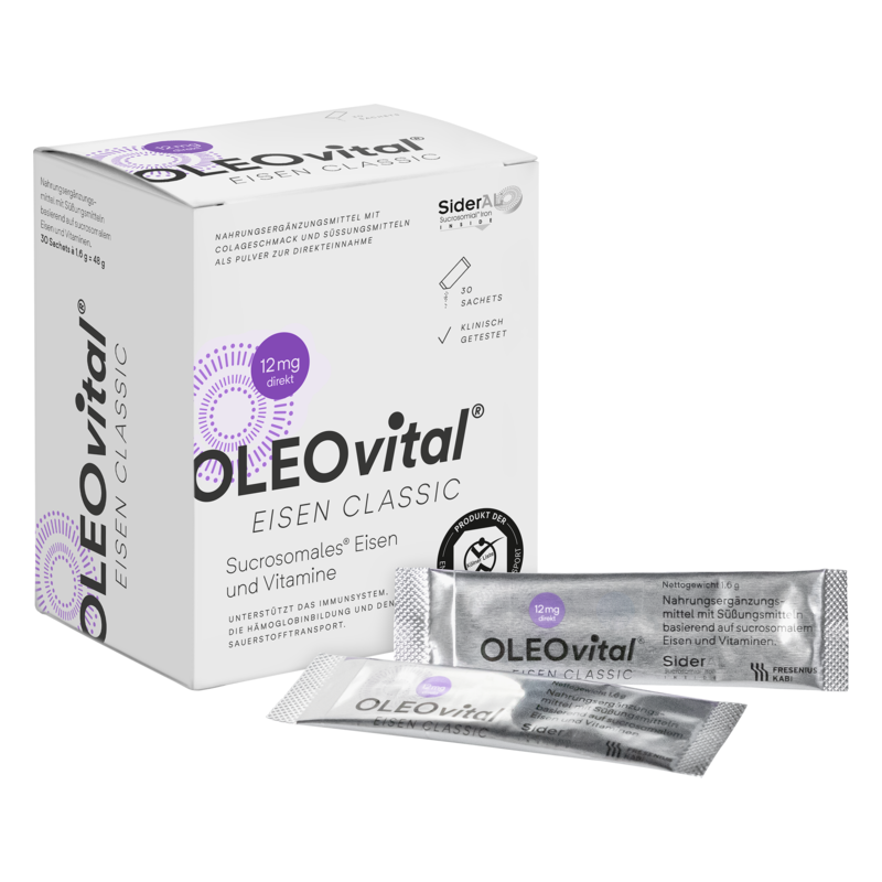 Verpackung von OLEOvital EISEN CLASSIC mit 30 Sachets für Nahrungsergänzungsmittel mit Eisen und Vitaminen.