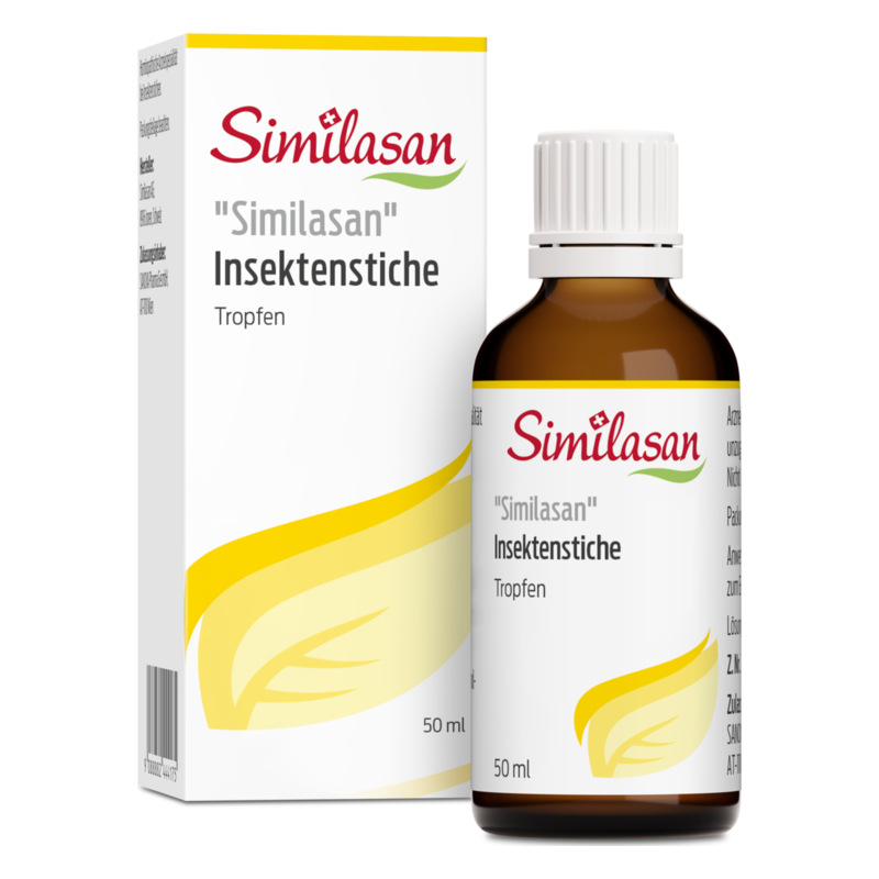 Braune Glasflasche mit Tropfen und eine Verpackung für Similasan Insektenstiche, 50 ml.