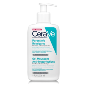 Pumpflasche mit Gesichtsreinigungsgel für zu Akne neigende Haut, betont porentiefe Reinigung und Inhaltsstoffe.