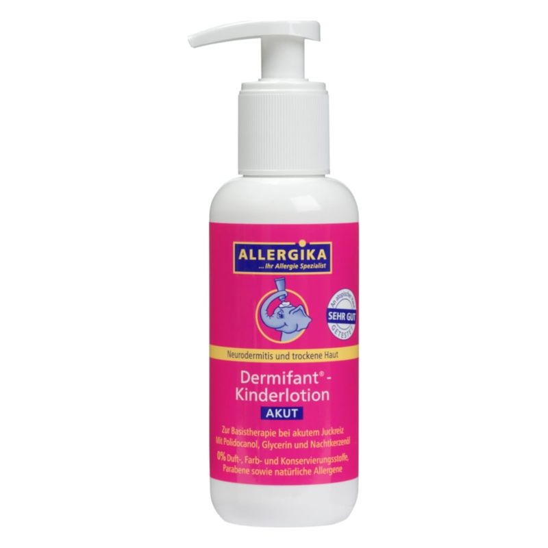 Flasche Dermifant Kinderlotion von Allergika, rosa-weiße Verpackung, mit Pumpkopf, gegen Neurodermitis und trockene Haut.