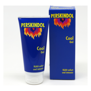 Blaues Tube mit PERSKINDOL Cool Gel und einer Verpackung, die die kühlende Wirkung bewirbt.