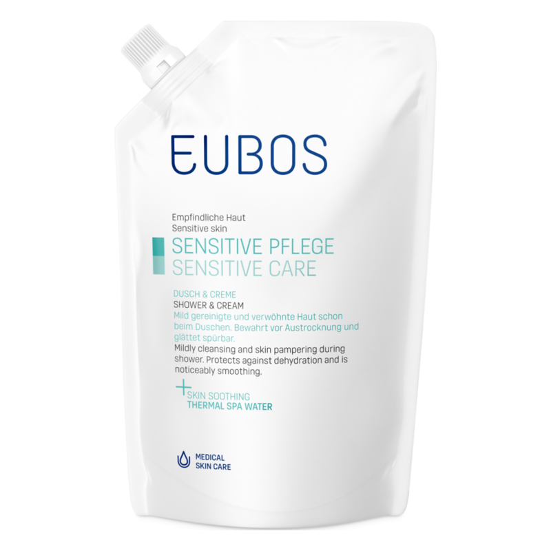 Standbeutel mit EUBOS Sensitive Pflege Dusch- und Cremeprodukt für empfindliche Haut.
