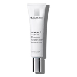 Gesichtspflegecreme in weißer Tube mit Spender, mit Lichtschutzfaktor 25 und Vitamin C.