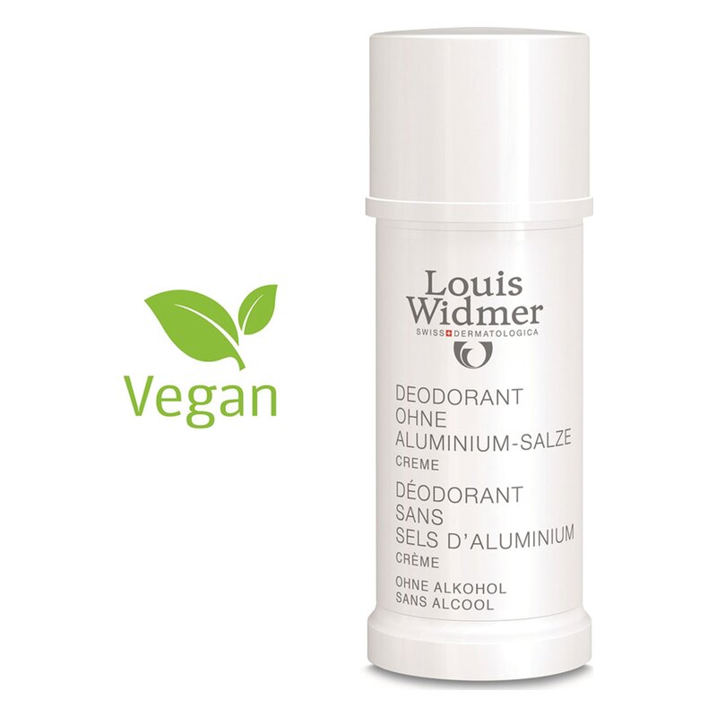 Deodorant in weißer Verpackung, cremige Textur, ohne Aluminium-Salze, vegan, mit Pflanzenblatt-Icon.